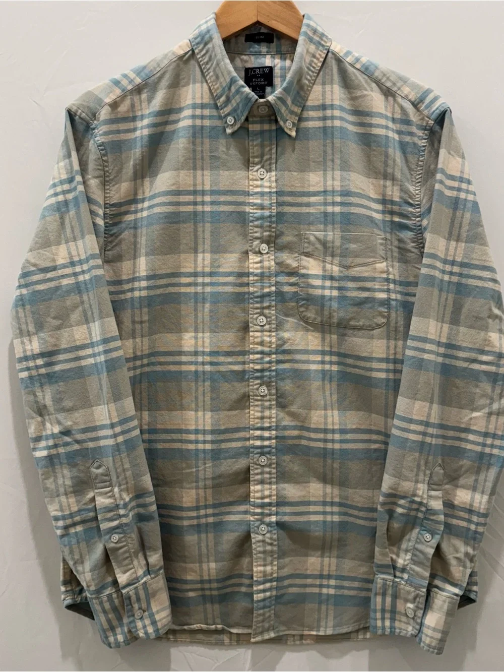 J.Crew Flex Oxford Shirt Mens Large Slim Fit Light Blue Plaid Button Down OCBD
